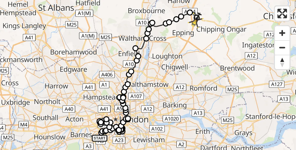 Flight route Police Helicopter Wandsworth - North Weald Airfield, 28 July 2026, 10:26