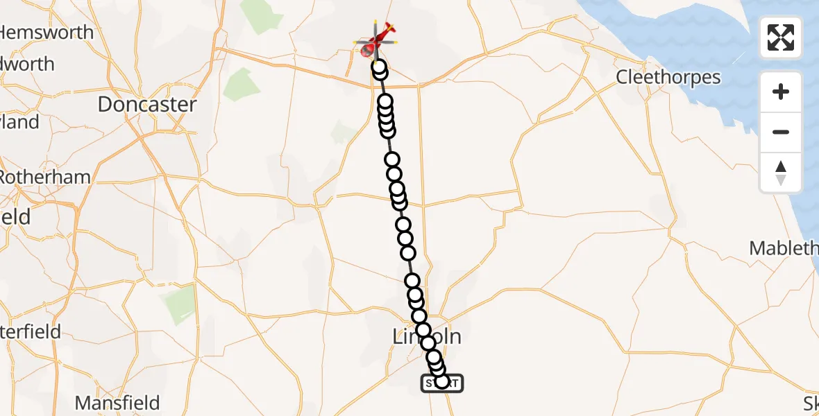 Flight route Air Ambulance Helicopter RAF Waddington - Scunthorpe, 28 July 2026, 10:36