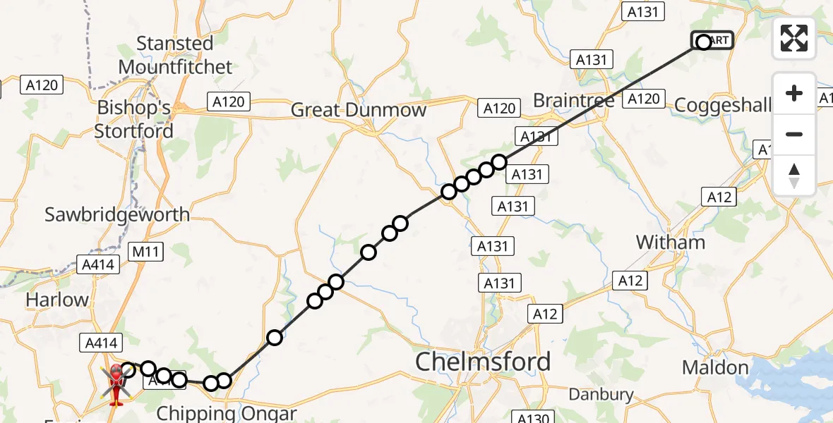 Flight route Air Ambulance Helicopter Earls Colne Airfield - North Weald Airfield, 28 July 2026, 11:05
