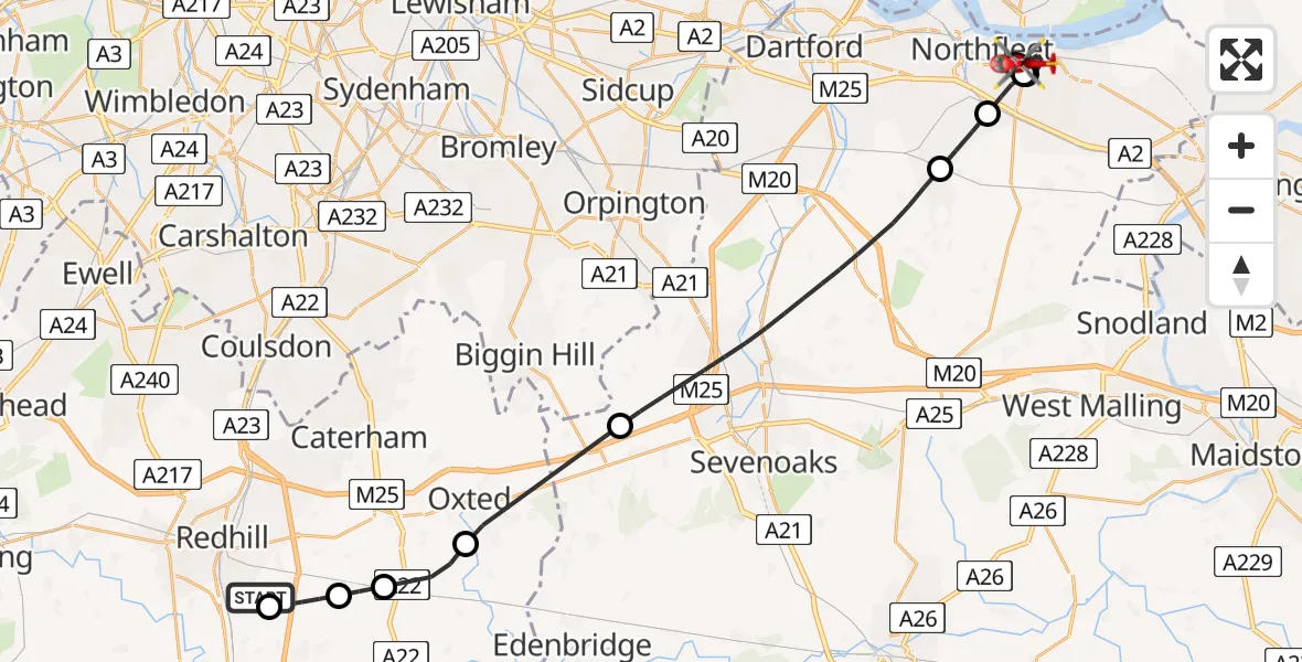 Flight route Air Ambulance Helicopter Redhill Aerodrome - Gravesend, 28 July 2026, 11:08