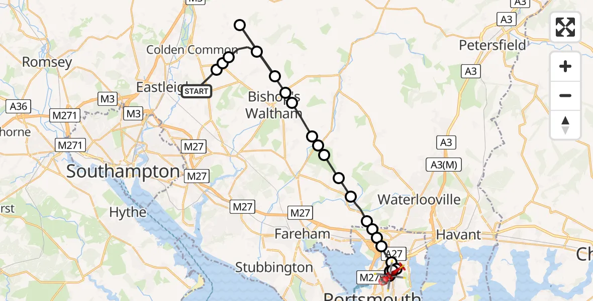 Flight route Air Ambulance Helicopter Eastleigh - Hilsea, 28 July 2026, 11:13