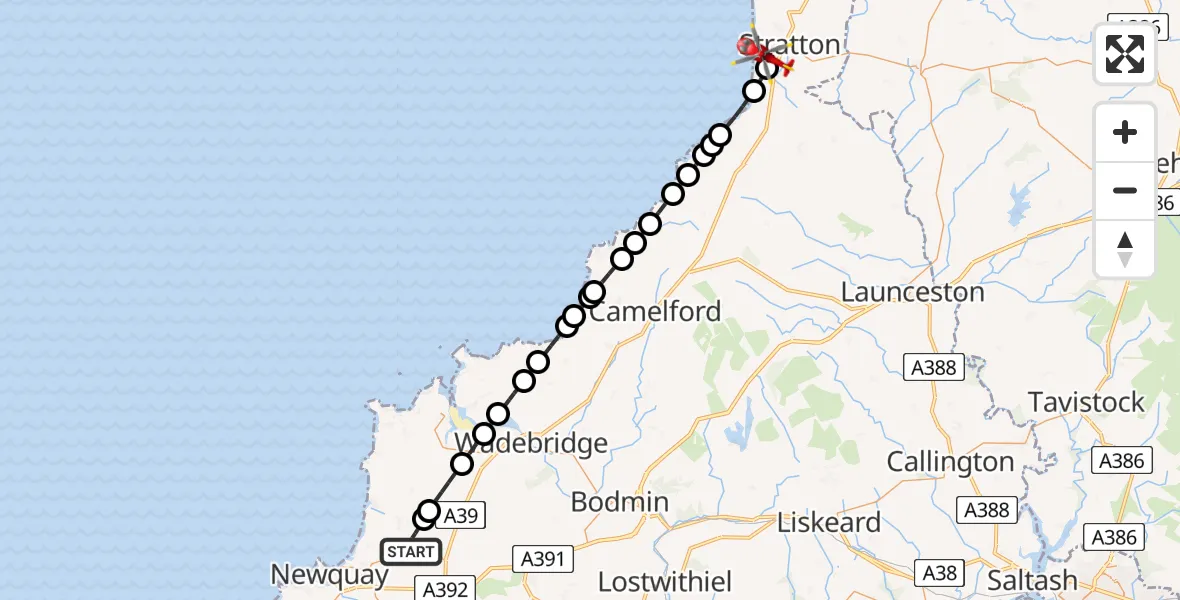 Flight route Air Ambulance Helicopter Cornwall Airport Newquay - Bude, 28 July 2026, 11:13