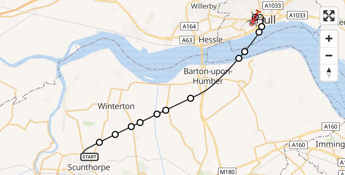 Flight route Air Ambulance Helicopter Scunthorpe - Hull Royal Infirmary, 28 July 2026, 11:29