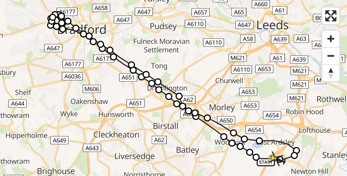 Flight route Police Helicopter East Ardsley - East Ardsley, 28 July 2026, 11:38