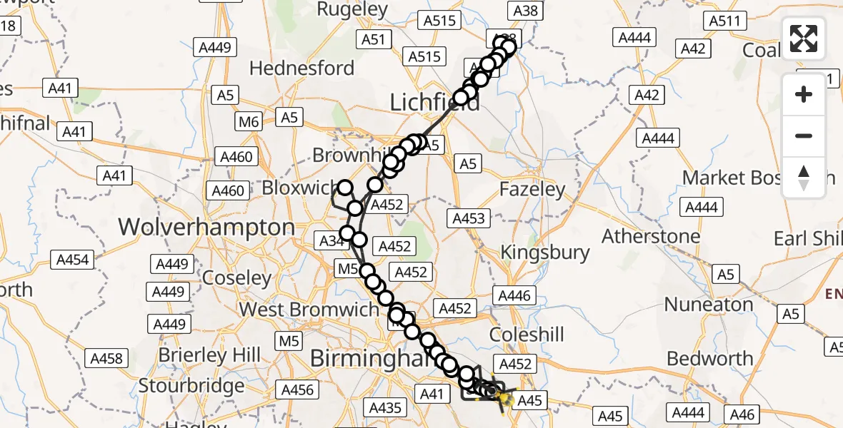 Flight route Police Helicopter Sheldon - Birmingham Airport, 28 July 2026, 11:47