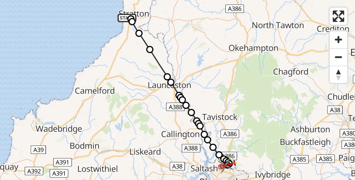 Flight route Air Ambulance Helicopter Bude - Derriford Hospital, 28 July 2026, 11:49