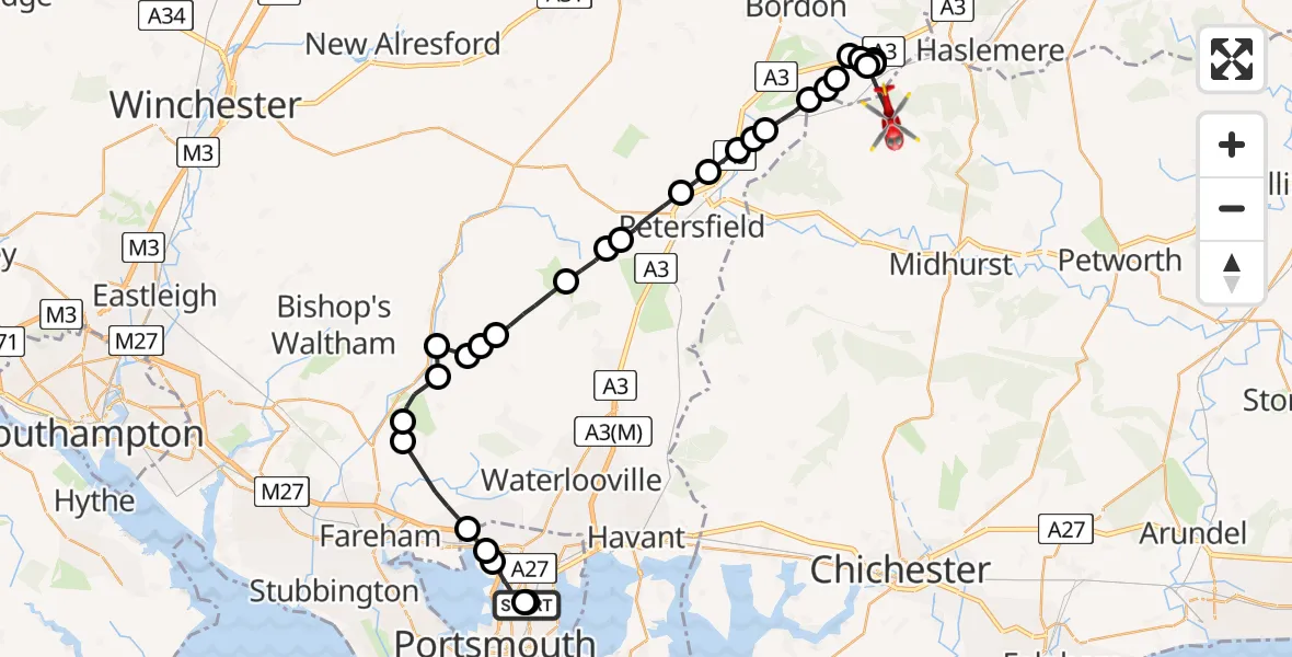 Flight route Air Ambulance Helicopter Tipner - Milland, 28 July 2026, 11:52