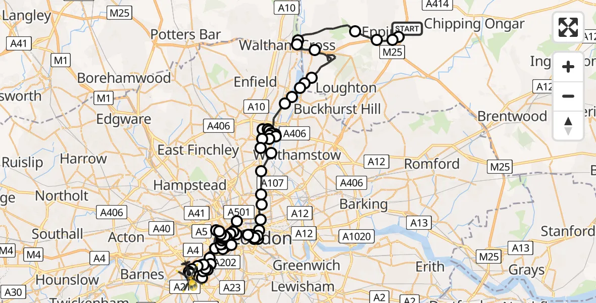 Flight route Police Helicopter Coopersale - Battersea, 28 July 2026, 11:57