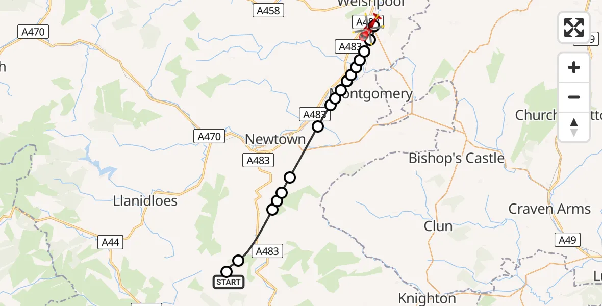 Flight route Air Ambulance Helicopter Abbey Cwmhir - Welshpool Airport, 28 July 2026, 12:01