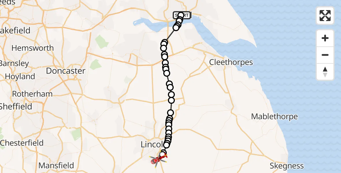 Flight route Air Ambulance Helicopter Hull Royal Infirmary - North Kesteven, 28 July 2026, 12:15