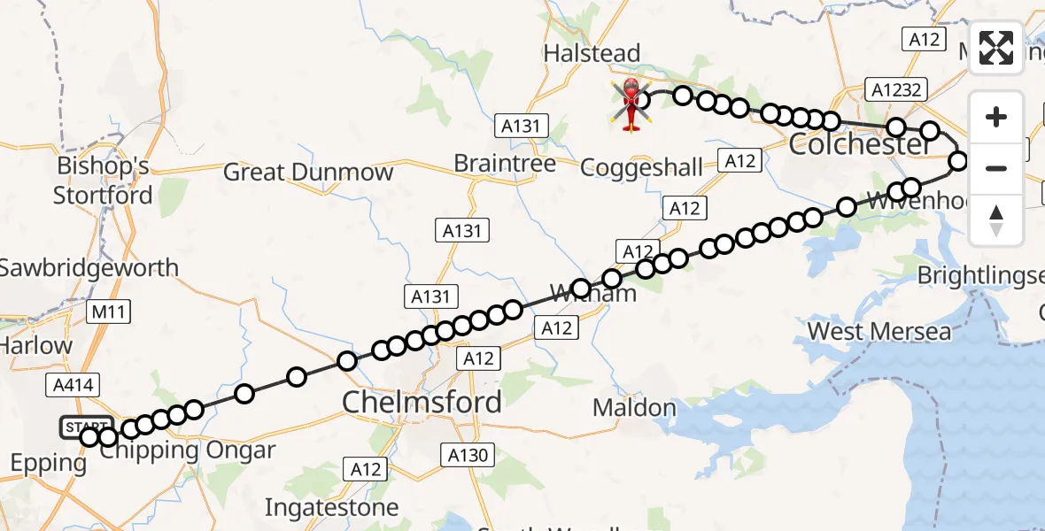 Flight route Air Ambulance Helicopter North Weald Airfield - Earls Colne Airfield, 28 July 2026, 12:21