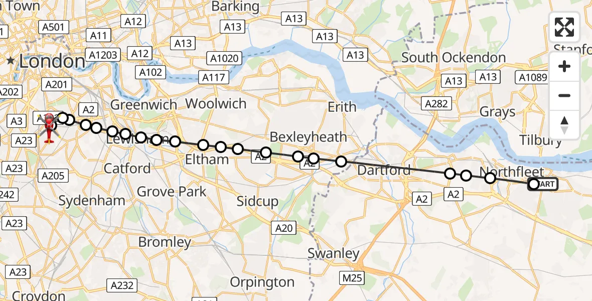 Flight route Air Ambulance Helicopter Gravesend - Kings College London Hospital, 28 July 2026, 12:22