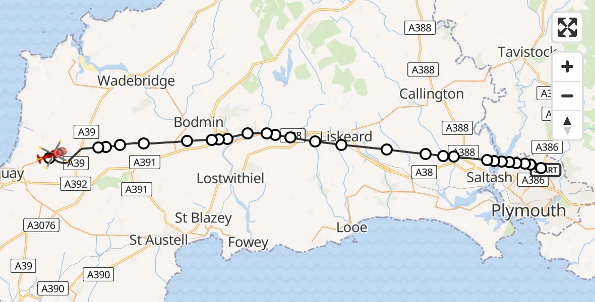 Flight route Air Ambulance Helicopter Derriford Hospital - Cornwall Airport Newquay, 28 July 2026, 12:44