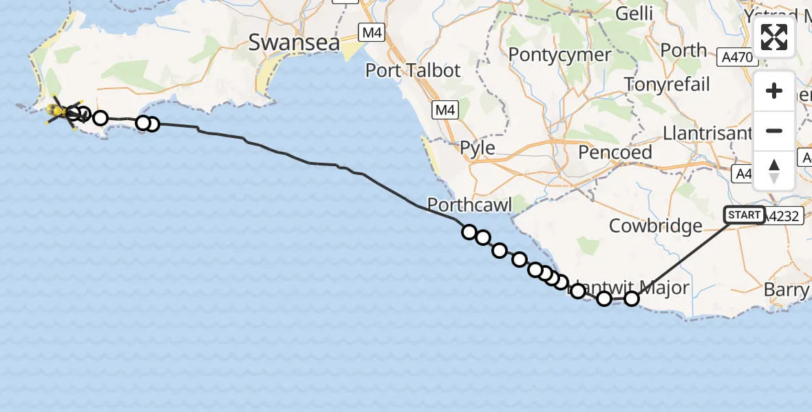 Flight route Police Helicopter Peterston-super-Ely - Rhossili, 28 July 2026, 12:44