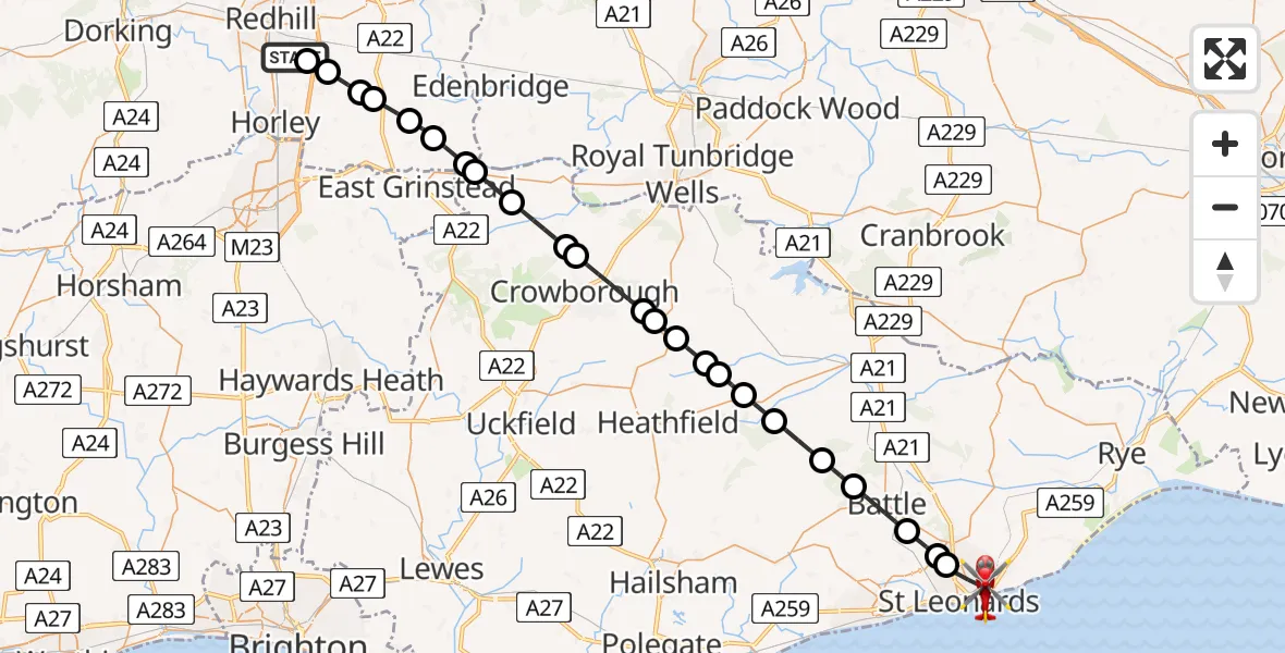 Flight route Air Ambulance Helicopter Redhill Aerodrome - St Leonards, 28 July 2026, 12:49