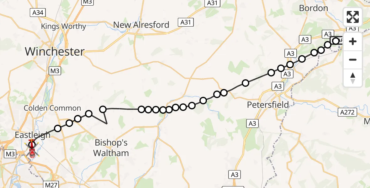 Flight route Air Ambulance Helicopter Liphook - Southampton Airport, 28 July 2026, 12:52