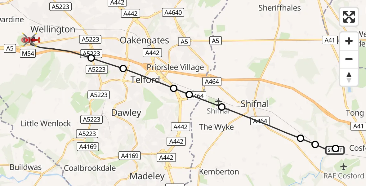 Flight route Air Ambulance Helicopter RAF Cosford - Wellington, 28 July 2026, 13:02