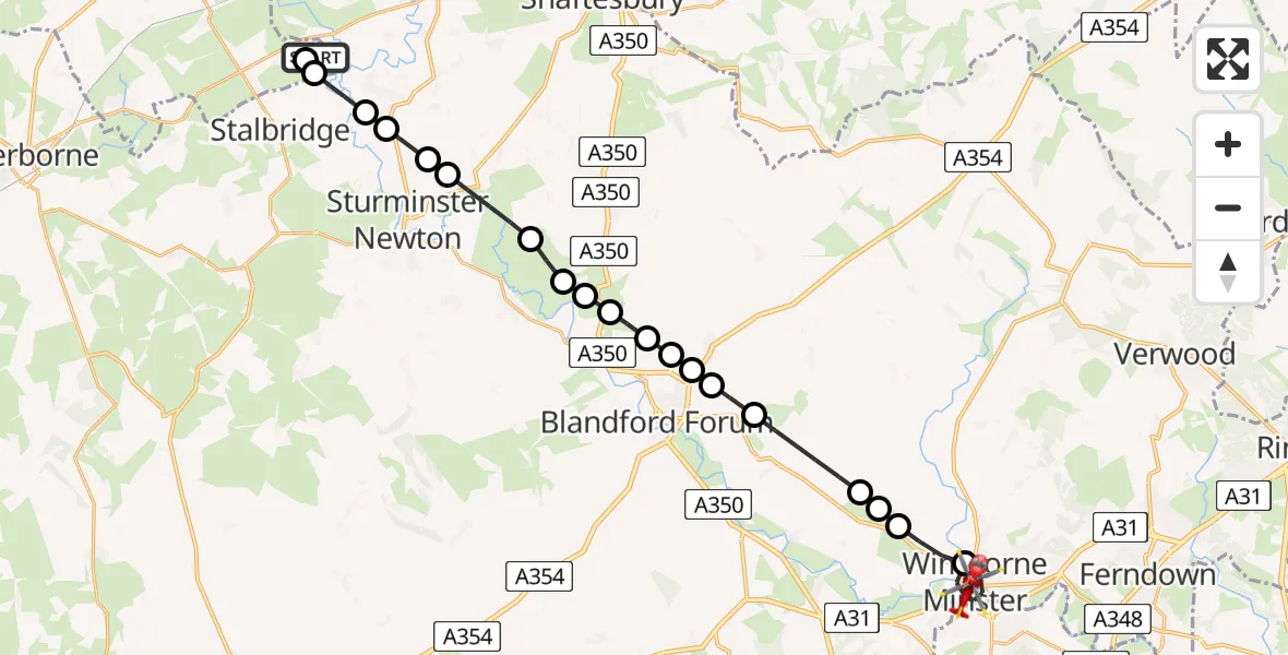 Flight route Air Ambulance Helicopter Henstridge Airfield - Wimborne Minster, 28 July 2026, 13:07