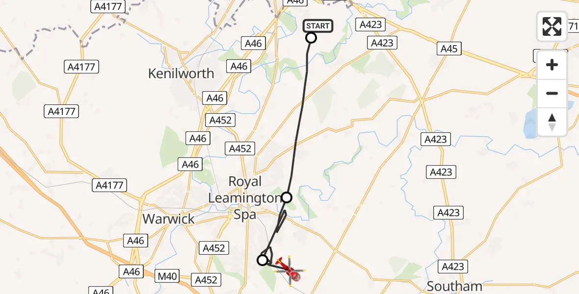 Flight route Air Ambulance Helicopter Coventry Airport - Warwick, 28 July 2026, 13:11