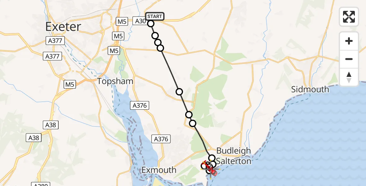 Flight route Air Ambulance Helicopter Exeter International Airport - Budleigh Salterton, 28 July 2026, 13:13