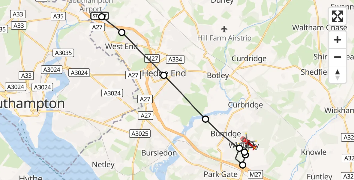 Flight route Air Ambulance Helicopter Eastleigh - Whiteley, 28 July 2026, 13:34