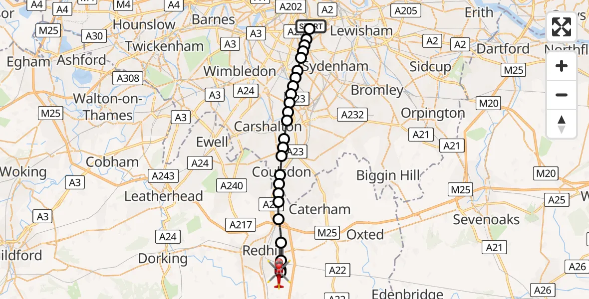 Flight route Air Ambulance Helicopter Kings College London Hospital - Redhill Aerodrome, 28 July 2026, 13:38