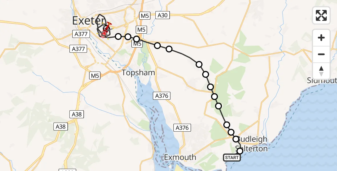 Flight route Air Ambulance Helicopter Knowle - Royal Devon & Exeter Hospital, 28 July 2026, 13:53