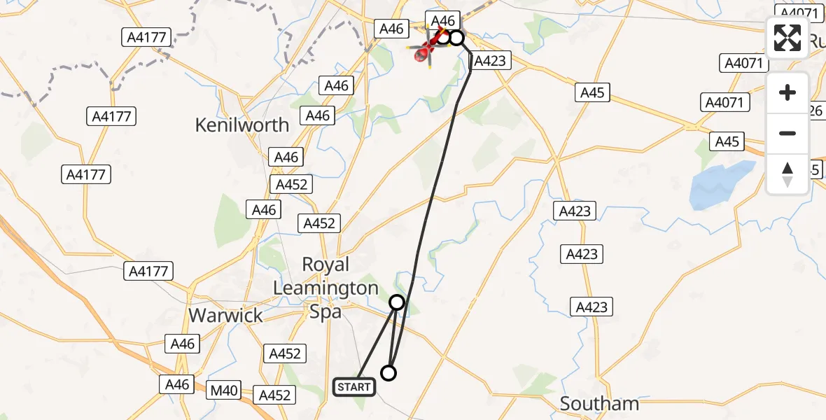 Flight route Air Ambulance Helicopter Warwick - Coventry Airport, 28 July 2026, 13:54