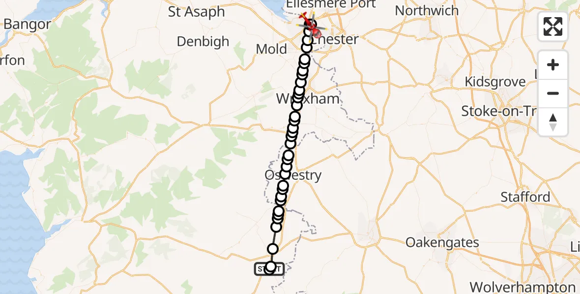 Flight route Air Ambulance Helicopter Welshpool Airport - Sealand, 28 July 2026, 13:56
