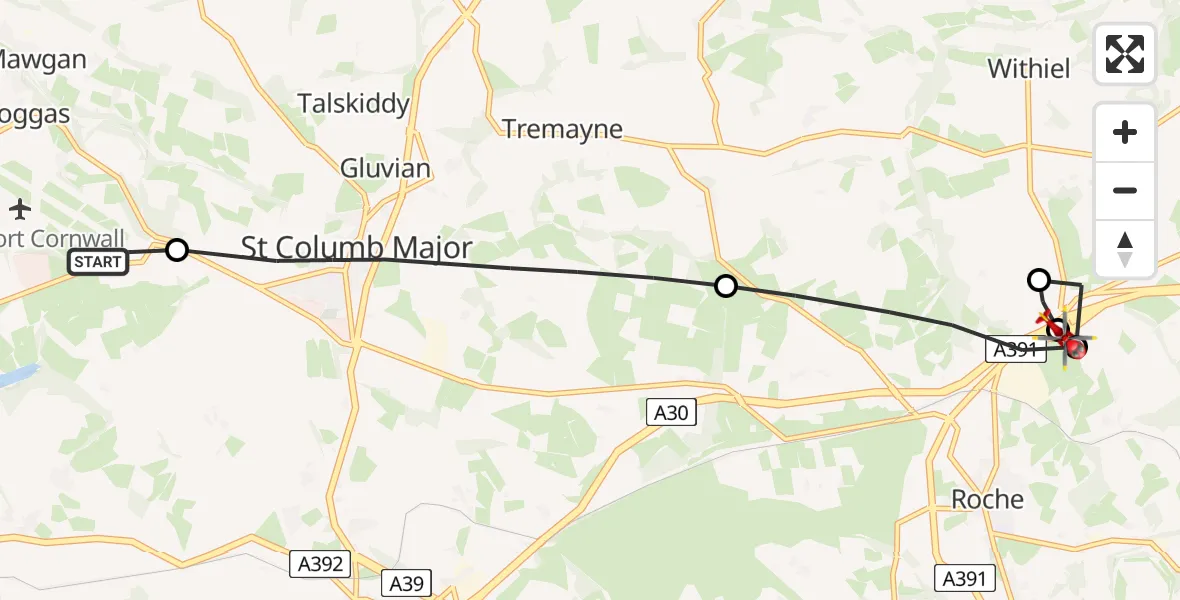 Flight route Air Ambulance Helicopter Cornwall Airport Newquay - Luxulyan, 28 July 2026, 14:06