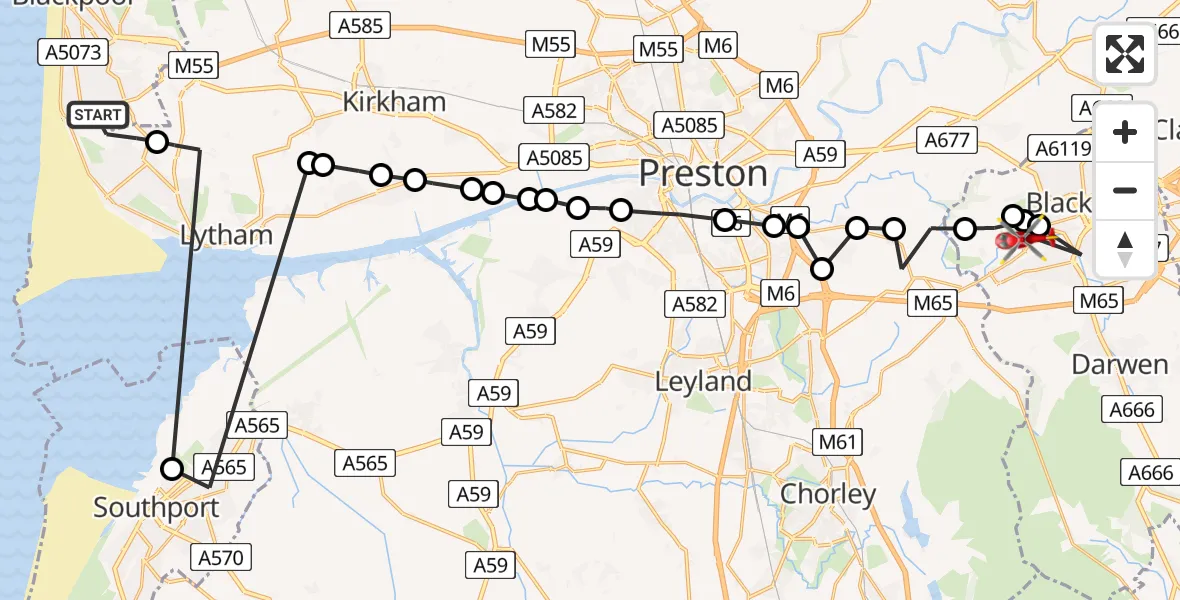 Flight route Air Ambulance Helicopter Blackpool Airport - Blackburn, 28 July 2026, 14:09