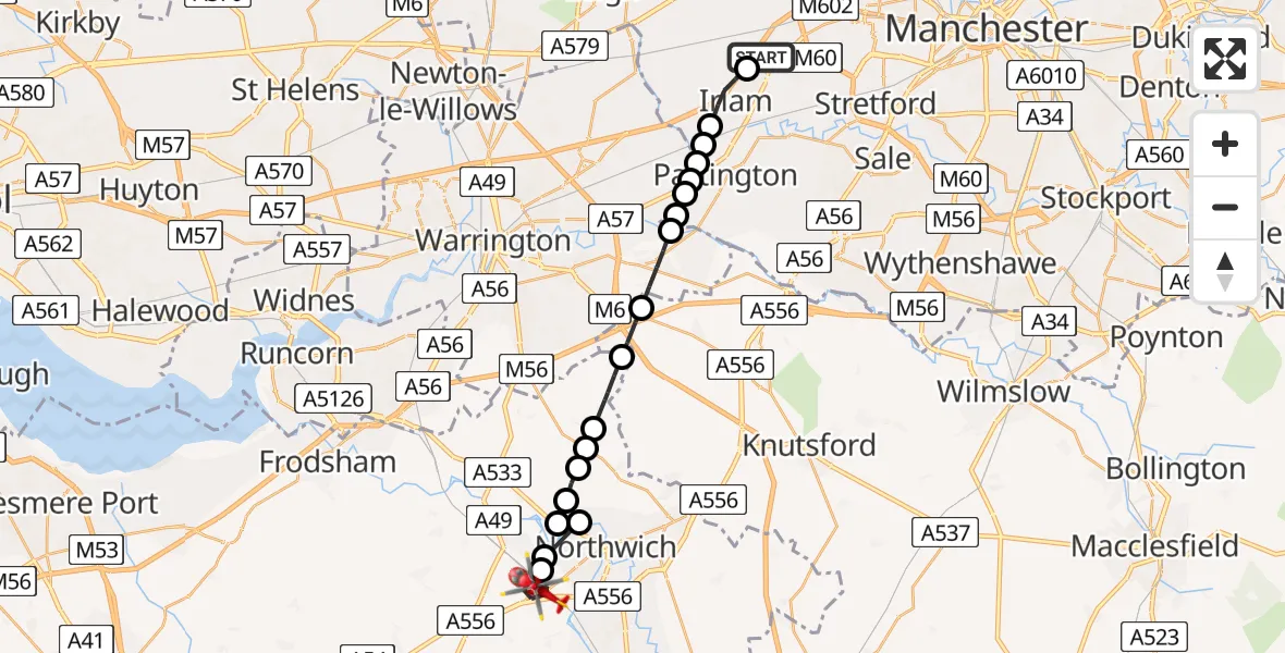 Flight route Air Ambulance Helicopter Irlam - Hartford, 28 July 2026, 14:17