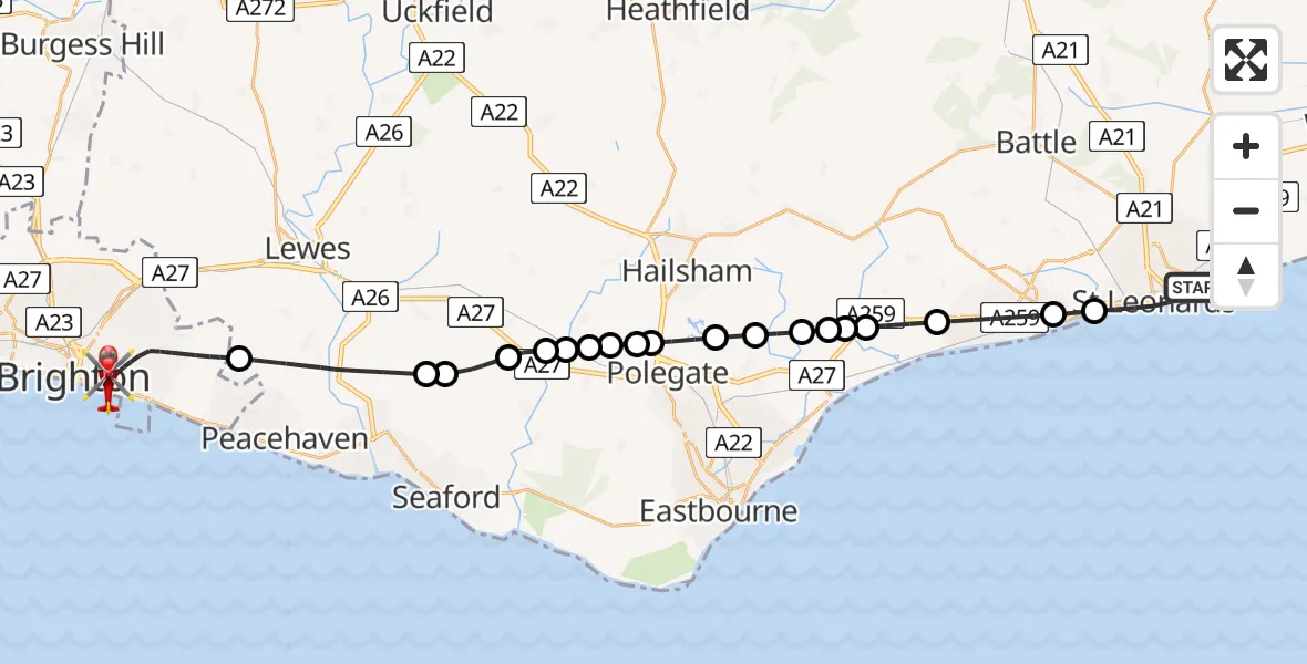 Flight route Air Ambulance Helicopter St Leonards - Brighton, 28 July 2026, 14:24