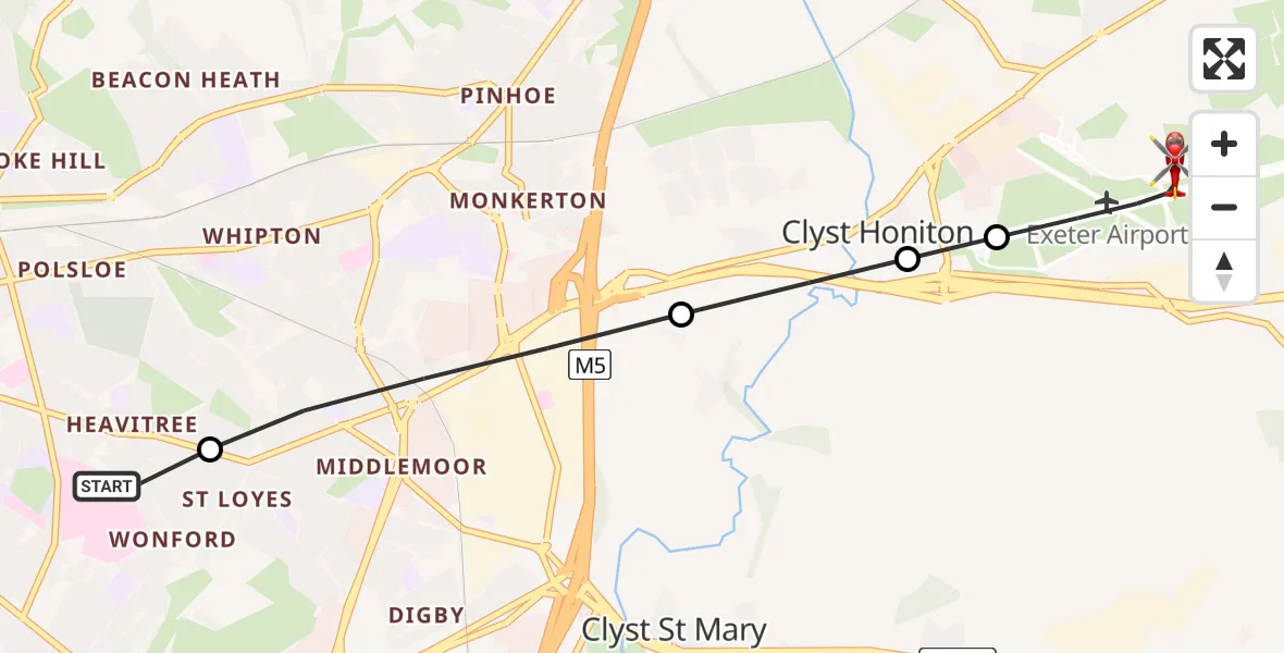 Flight route Air Ambulance Helicopter Royal Devon & Exeter Hospital - Exeter International Airport, 28 July 2026, 14:27
