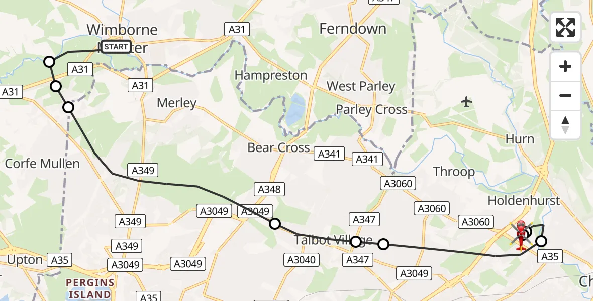 Flight route Air Ambulance Helicopter Wimborne Minster - Royal Bournemouth Hospital, 28 July 2026, 14:27