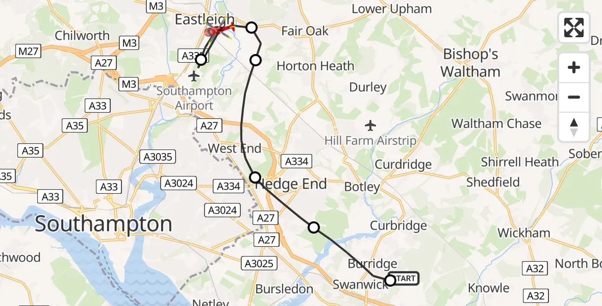 Flight route Air Ambulance Helicopter Whiteley - Eastleigh, 28 July 2026, 14:30