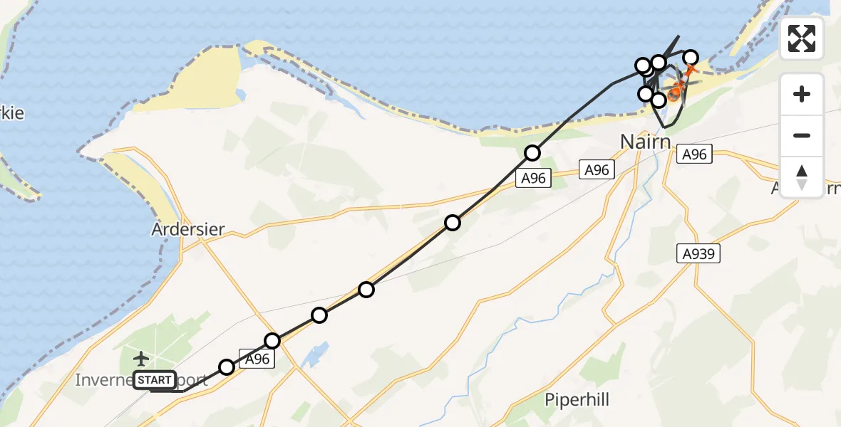 Flight route Coastguard Helicopter Inverness Airport - Nairn, 28 July 2026, 14:30