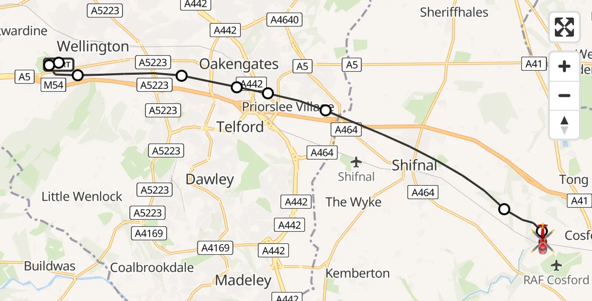 Flight route Air Ambulance Helicopter Wrockwardine - Cosford, 28 July 2026, 14:37