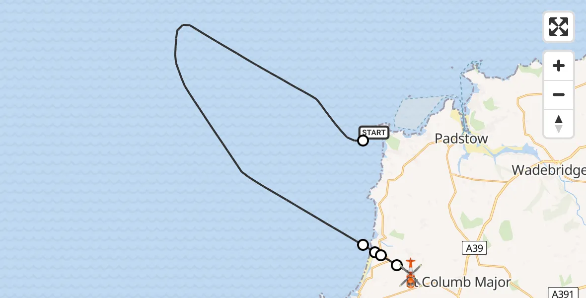 Flight route Coastguard Helicopter Constantine Bay - Cornwall Airport Newquay, 28 July 2026, 14:47