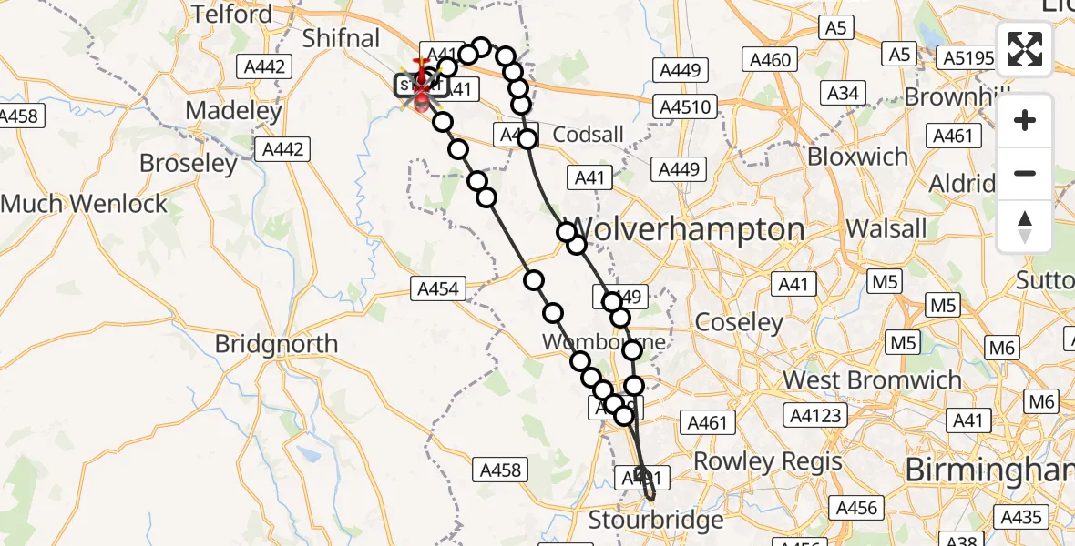 Flight route Air Ambulance Helicopter RAF Cosford - Cosford, 28 July 2026, 14:58