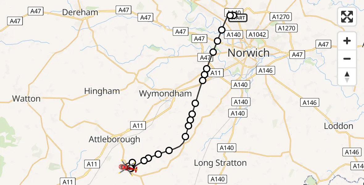 Flight route Air Ambulance Helicopter Norwich Airport - Old Buckenham, 28 July 2026, 15:00
