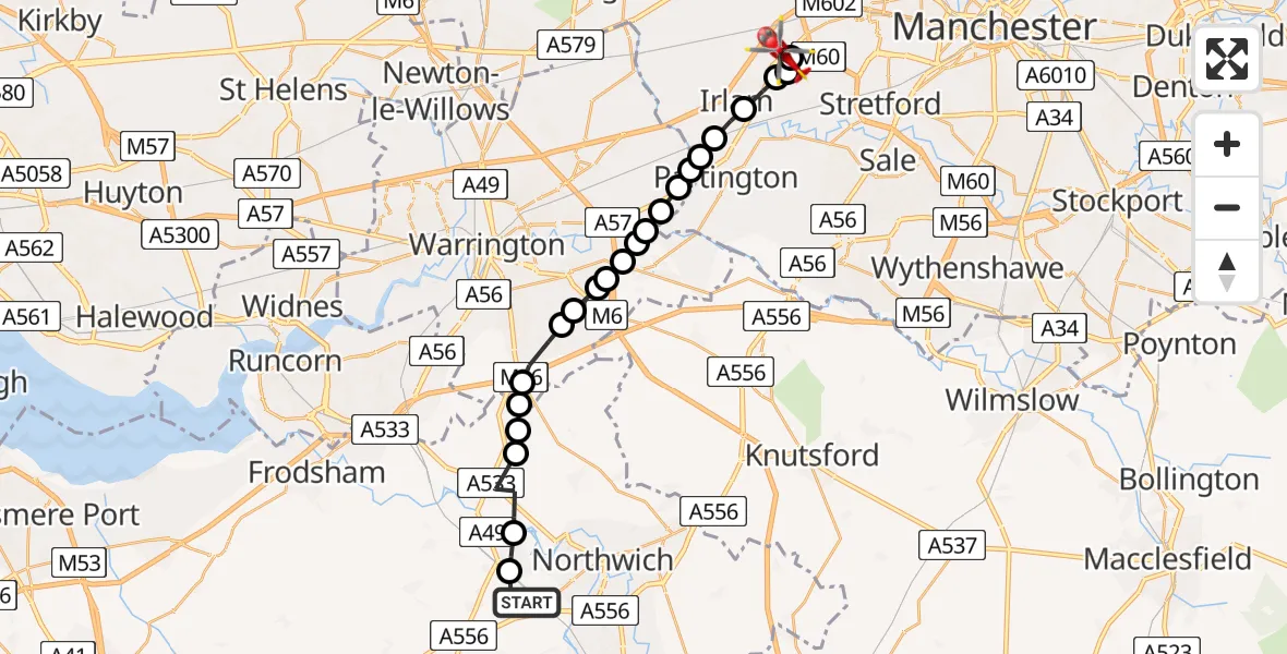 Flight route Air Ambulance Helicopter Hartford - Irlam, 28 July 2026, 15:03