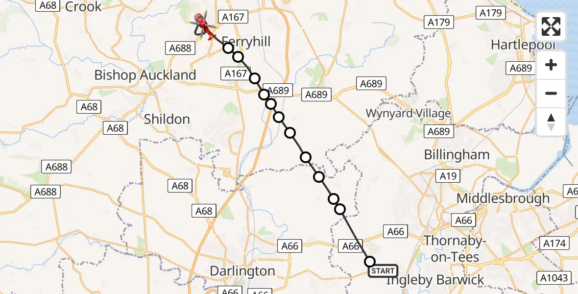 Flight route Air Ambulance Helicopter Egglescliffe - Spennymoor, 28 July 2026, 15:04