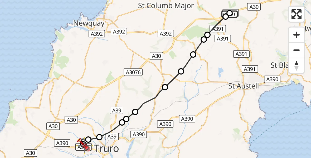 Flight route Air Ambulance Helicopter Roche - Treliske Hospital, 28 July 2026, 15:19