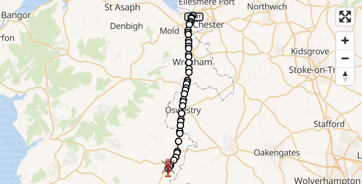 Flight route Air Ambulance Helicopter Sealand - Welshpool Airport, 28 July 2026, 15:19