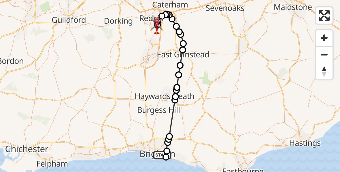 Flight route Air Ambulance Helicopter Brighton - Redhill Aerodrome, 28 July 2026, 15:37