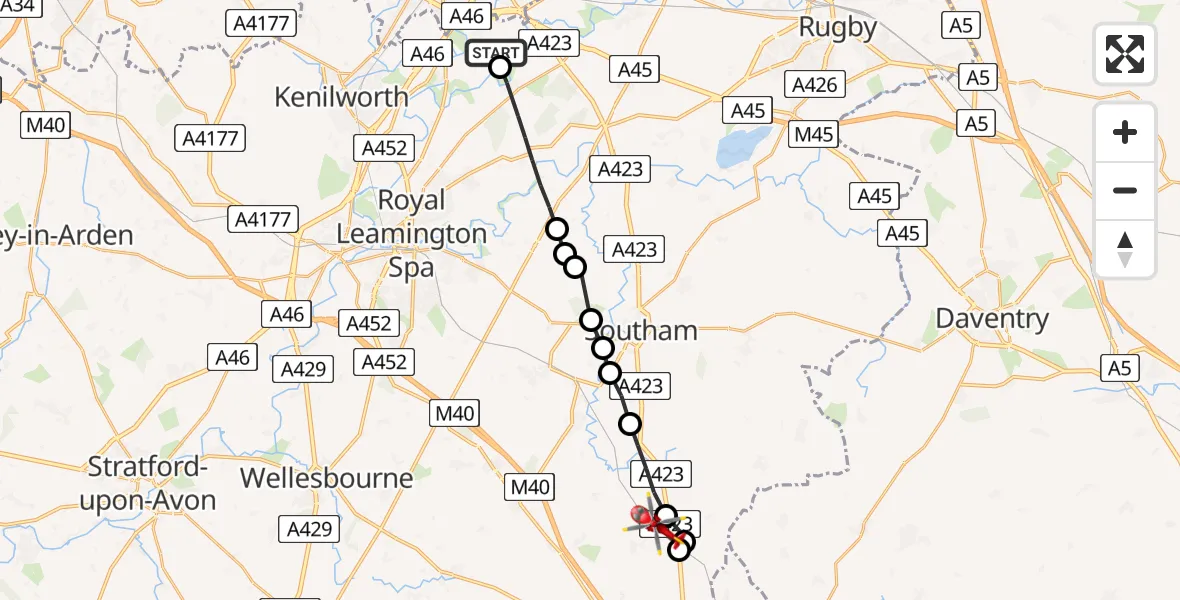 Flight route Air Ambulance Helicopter Coventry Airport - Fenny Compton CP, 28 July 2026, 15:54