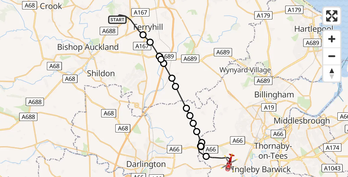 Flight route Air Ambulance Helicopter Spennymoor - Egglescliffe, 28 July 2026, 16:03