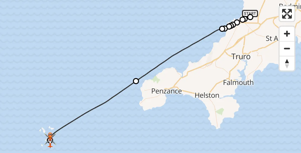 Flight route Coastguard Helicopter Cornwall Airport Newquay - St. Mary's Airport, 28 July 2026, 16:14