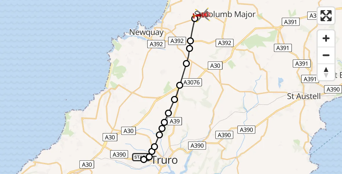 Flight route Air Ambulance Helicopter Treliske Hospital - Cornwall Airport Newquay, 28 July 2026, 16:16